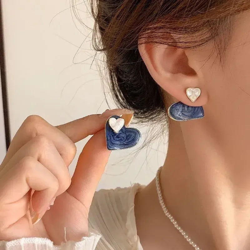 Deep Sea Marble Heart Studs – Elegant Dual-Tone Niche Design Earrings