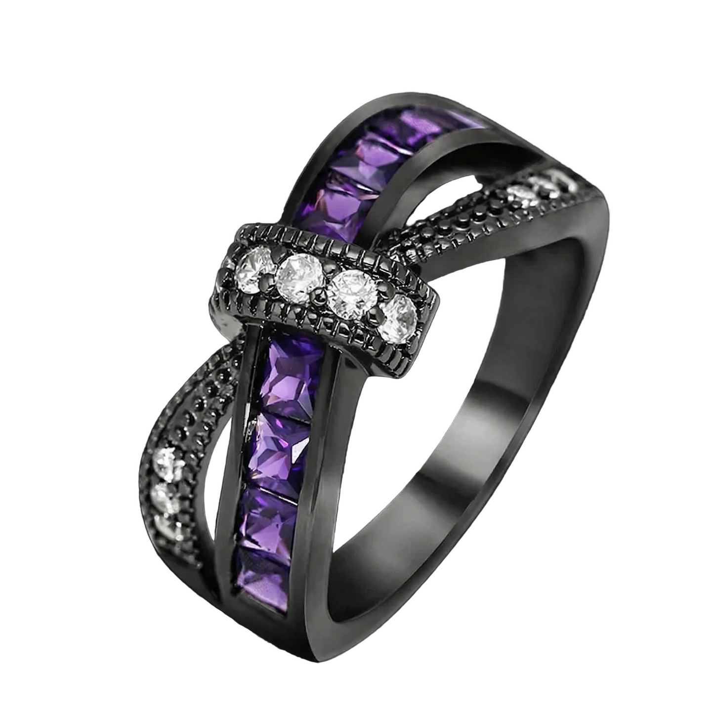 Midnight Amethyst & Diamond Infinity Cross Ring in Black Rhodium