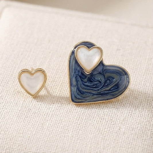 Deep Sea Marble Heart Studs – Elegant Dual-Tone Niche Design Earrings