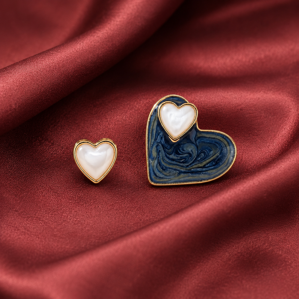 Deep Sea Marble Heart Studs – Elegant Dual-Tone Niche Design Earrings