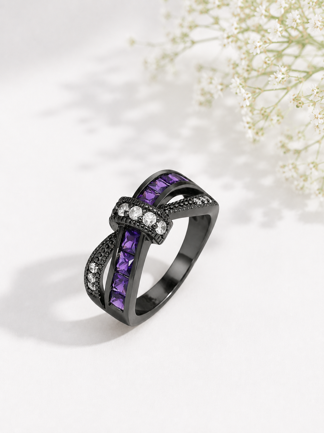 Midnight Amethyst & Diamond Infinity Cross Ring in Black Rhodium