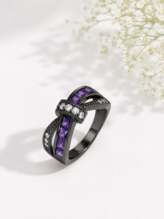 Midnight Amethyst & Diamond Infinity Cross Ring in Black Rhodium