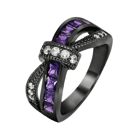 Midnight Amethyst & Diamond Infinity Cross Ring in Black Rhodium